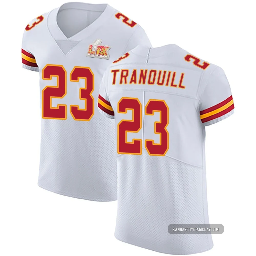 Men's Drue Tranquill Kansas City Chiefs ＃23 Elite White Vapor Untouchable Super Bowl LIX Jersey
