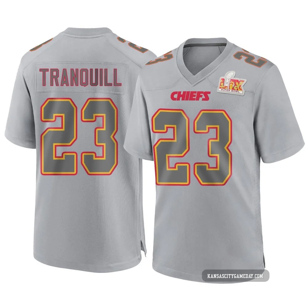 Men's Drue Tranquill Kansas City Chiefs ＃23 Game Gray Atmosphere Fashion Super Bowl LIX Jersey