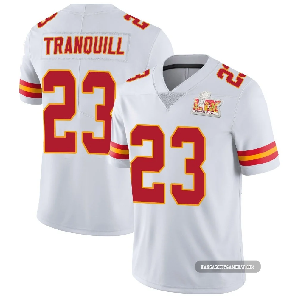 Men's Drue Tranquill Kansas City Chiefs ＃23 Limited White Vapor Untouchable Super Bowl LIX Jersey