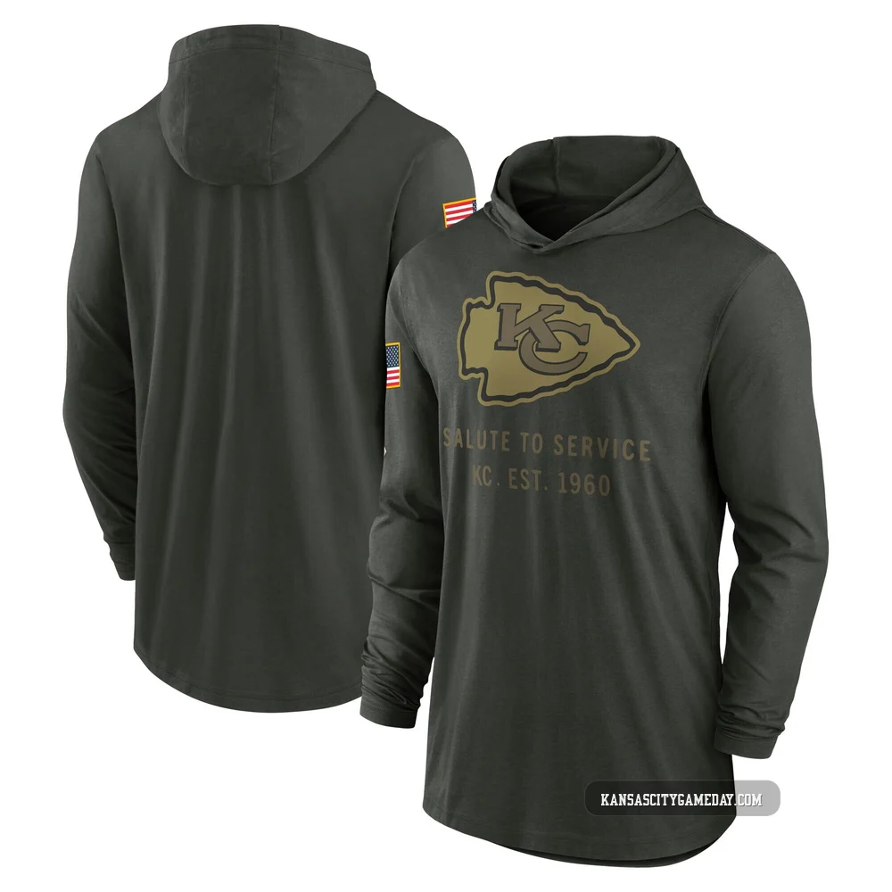 Men's Kansas City Chiefs Green Forest 2025 Salute to Service Sideline Lightweight Long Sleeve Hooded Pullover T-Shirt
