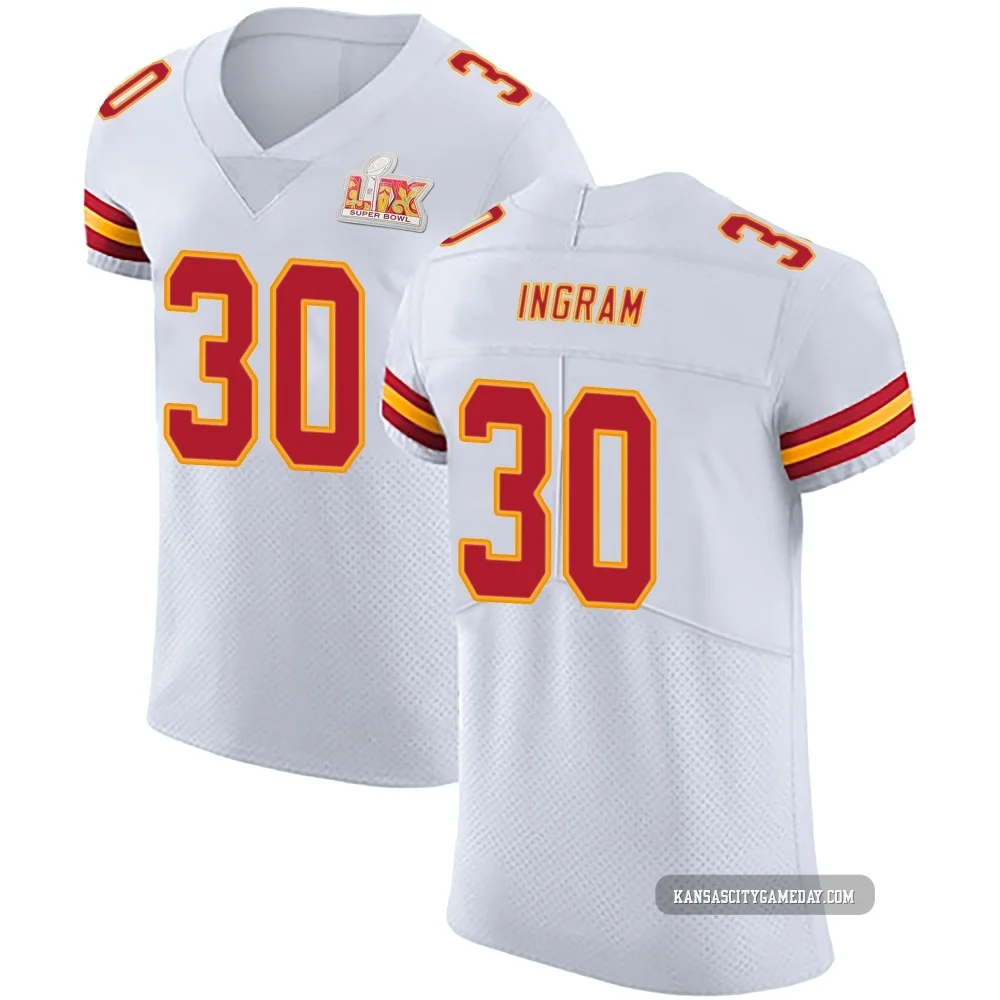Men's Keaontay Ingram Kansas City Chiefs ＃30 Elite White Vapor Untouchable Super Bowl LIX Jersey