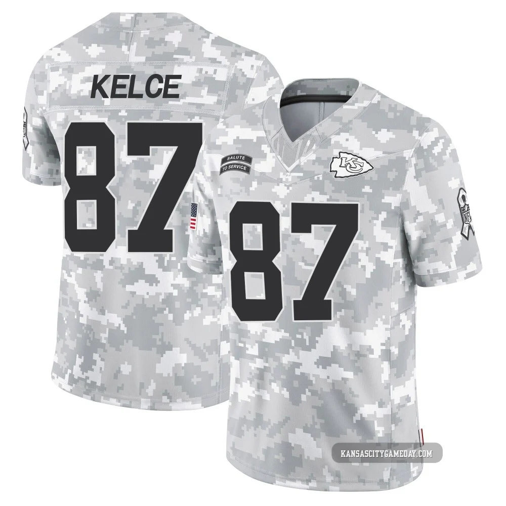 Men's Travis Kelce Kansas City Chiefs ＃87 Limited Arctic Camo 2024 Salute to Service Jersey