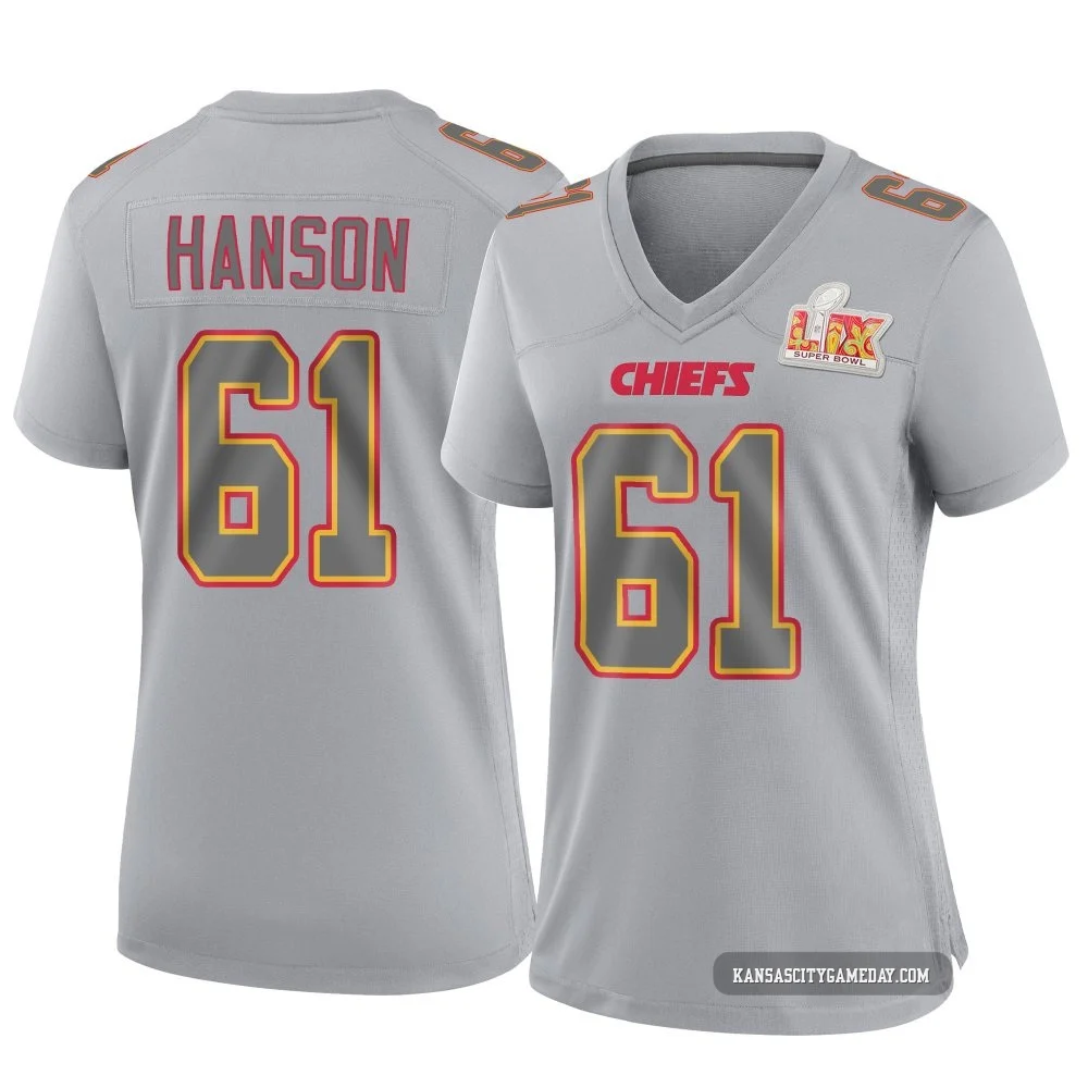 Women's C.J. Hanson Kansas City Chiefs ＃61 Game Gray Atmosphere Fashion Super Bowl LIX Jersey
