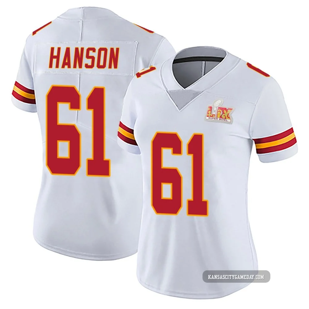 Women's C.J. Hanson Kansas City Chiefs ＃61 Limited White Vapor Untouchable Super Bowl LIX Jersey