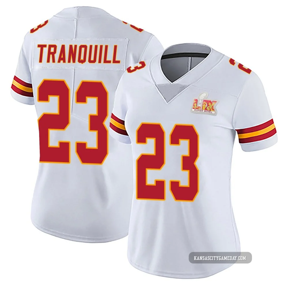 Women's Drue Tranquill Kansas City Chiefs ＃23 Limited White Vapor Untouchable Super Bowl LIX Jersey