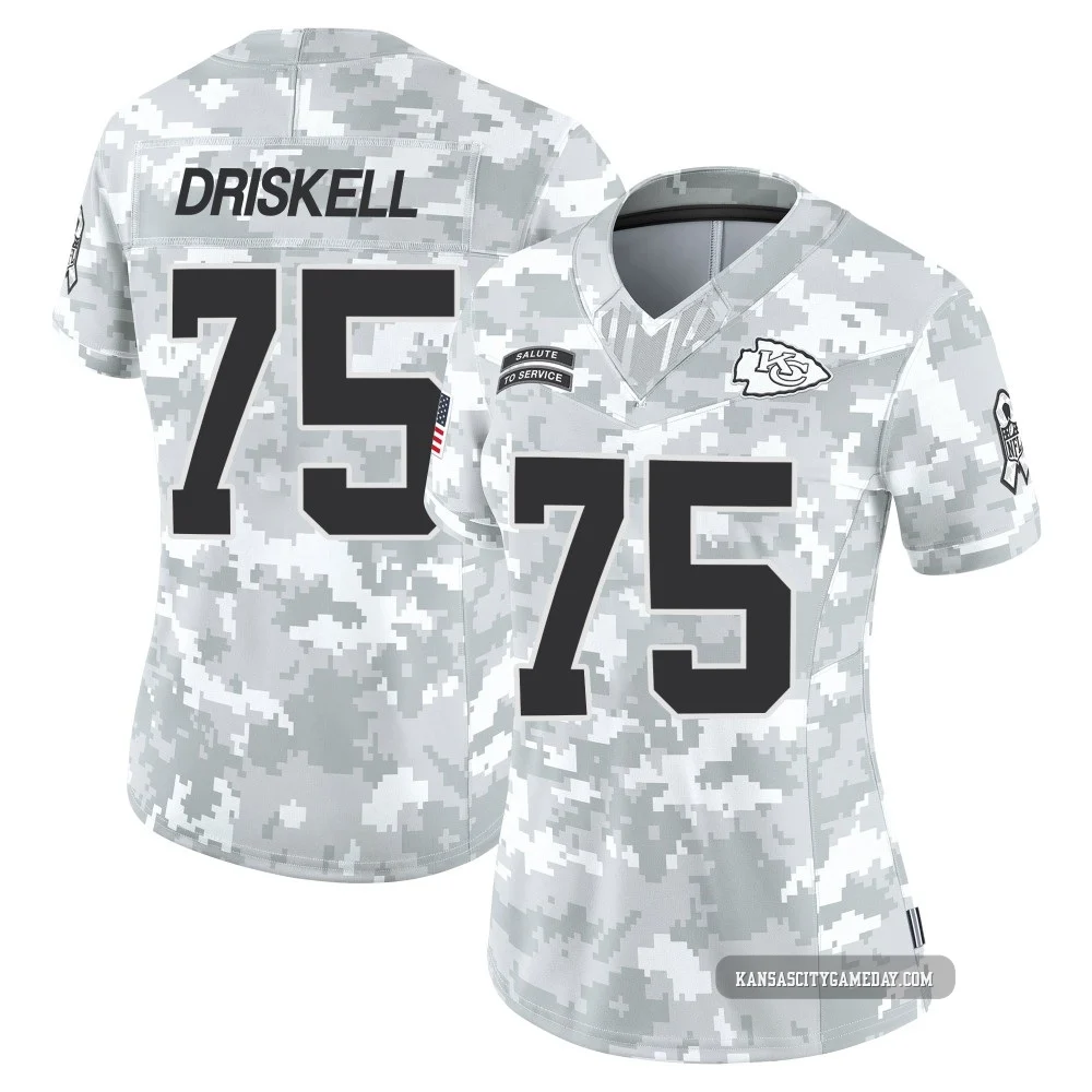 Women's Ethan Driskell Kansas City Chiefs ＃75 Limited Arctic Camo 2024 Salute to Service Jersey