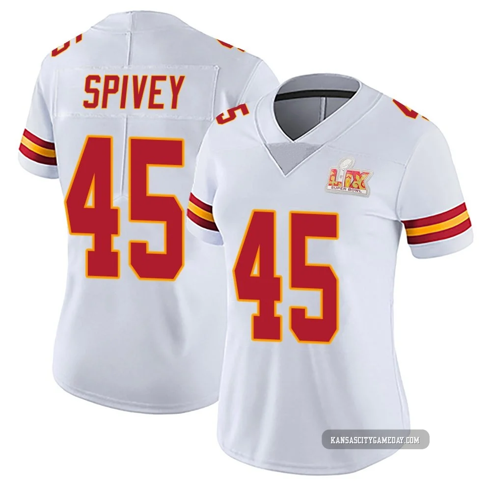 Women's Geor'Quarius Spivey Kansas City Chiefs ＃45 Limited White Vapor Untouchable Super Bowl LIX Jersey