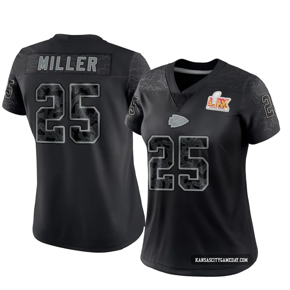 Women's Glendon Miller Kansas City Chiefs ＃25 Limited Black Reflective Super Bowl LIX Jersey