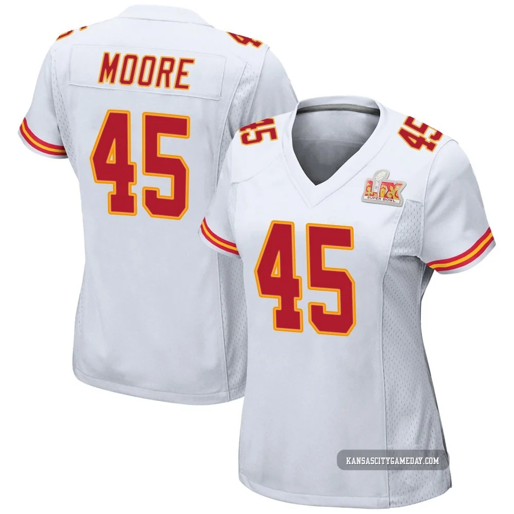 Women's Isaiah Moore Kansas City Chiefs ＃45 Game White Super Bowl LIX Jersey
