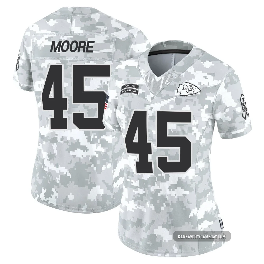 Women's Isaiah Moore Kansas City Chiefs ＃45 Limited Arctic Camo 2024 Salute to Service Jersey