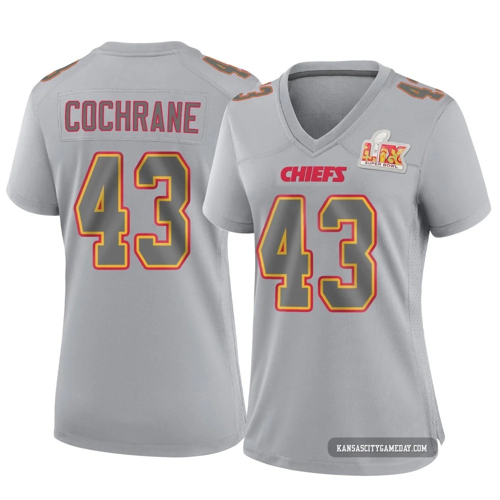Women's Jack Cochrane Kansas City Chiefs ＃43 Game Gray Atmosphere Fashion Super Bowl LIX Jersey