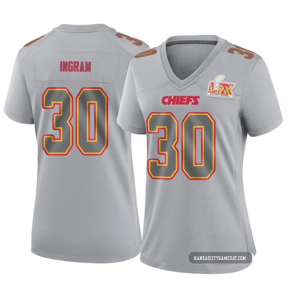 Women's Keaontay Ingram Kansas City Chiefs ＃30 Game Gray Atmosphere Fashion Super Bowl LIX Jersey