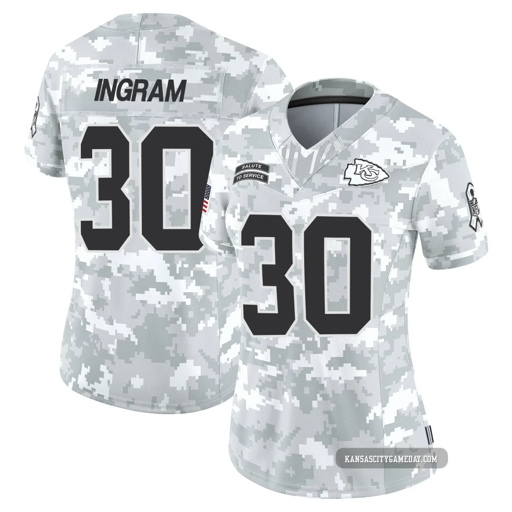 Women's Keaontay Ingram Kansas City Chiefs ＃30 Limited Arctic Camo 2024 Salute to Service Jersey