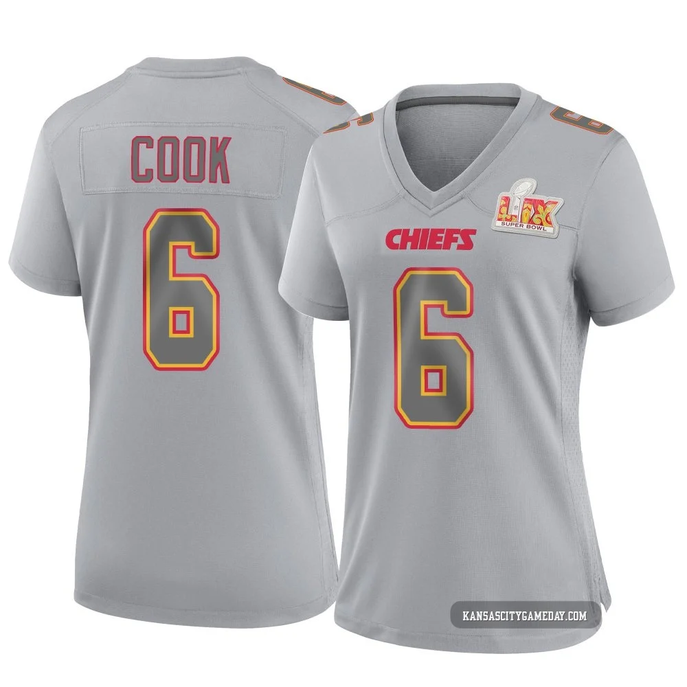 Women's Kenny Cook Kansas City Chiefs ＃6 Game Gray Atmosphere Fashion Super Bowl LIX Jersey