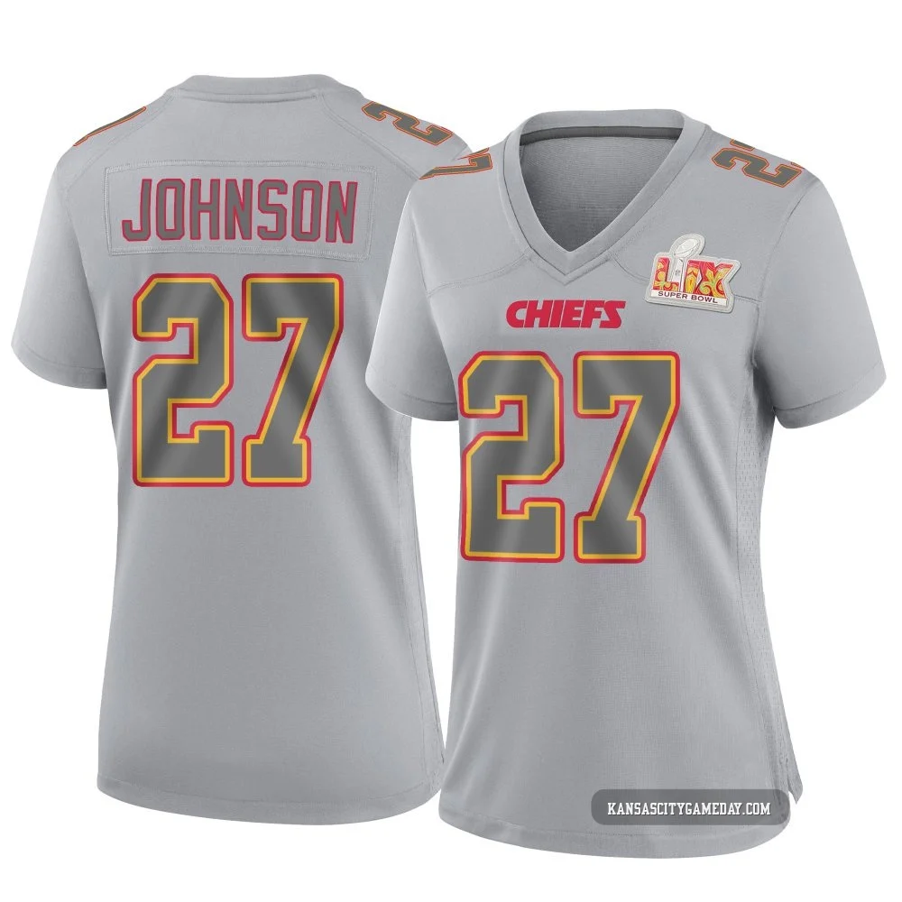 Women's Larry Johnson Kansas City Chiefs ＃27 Game Gray Atmosphere Fashion Super Bowl LIX Jersey