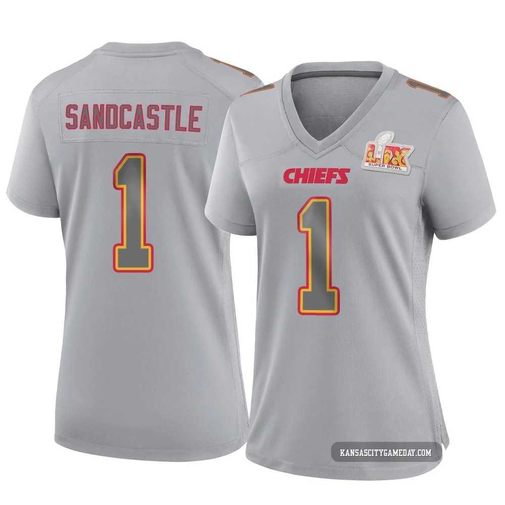 Women's Leon Sandcastle Kansas City Chiefs ＃1 Game Gray Atmosphere Fashion Super Bowl LIX Jersey
