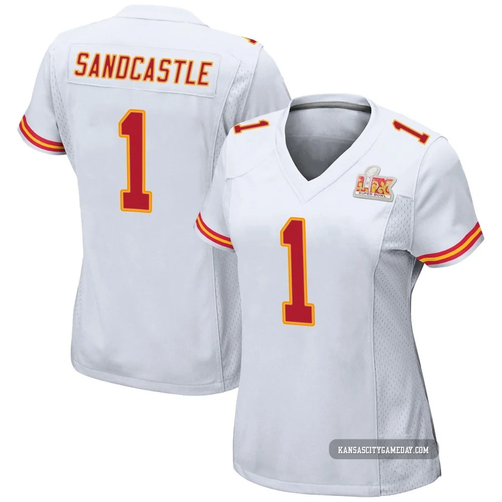 Women's Leon Sandcastle Kansas City Chiefs ＃1 Game White Super Bowl LIX Jersey