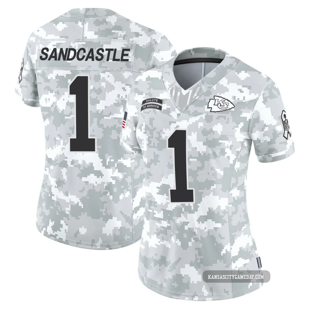 Women's Leon Sandcastle Kansas City Chiefs ＃1 Limited Arctic Camo 2024 Salute to Service Jersey