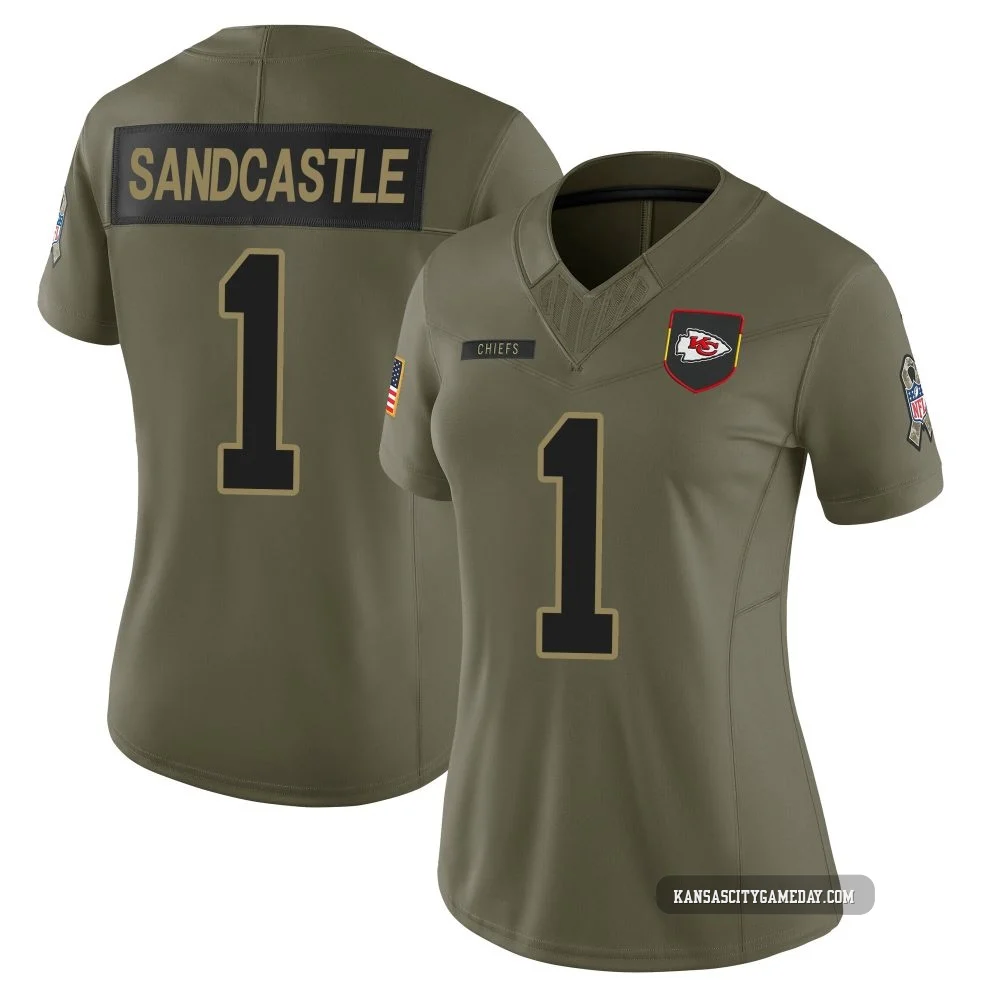 Women's Leon Sandcastle Kansas City Chiefs ＃1 Limited Olive 2025 Salute to Service Jersey