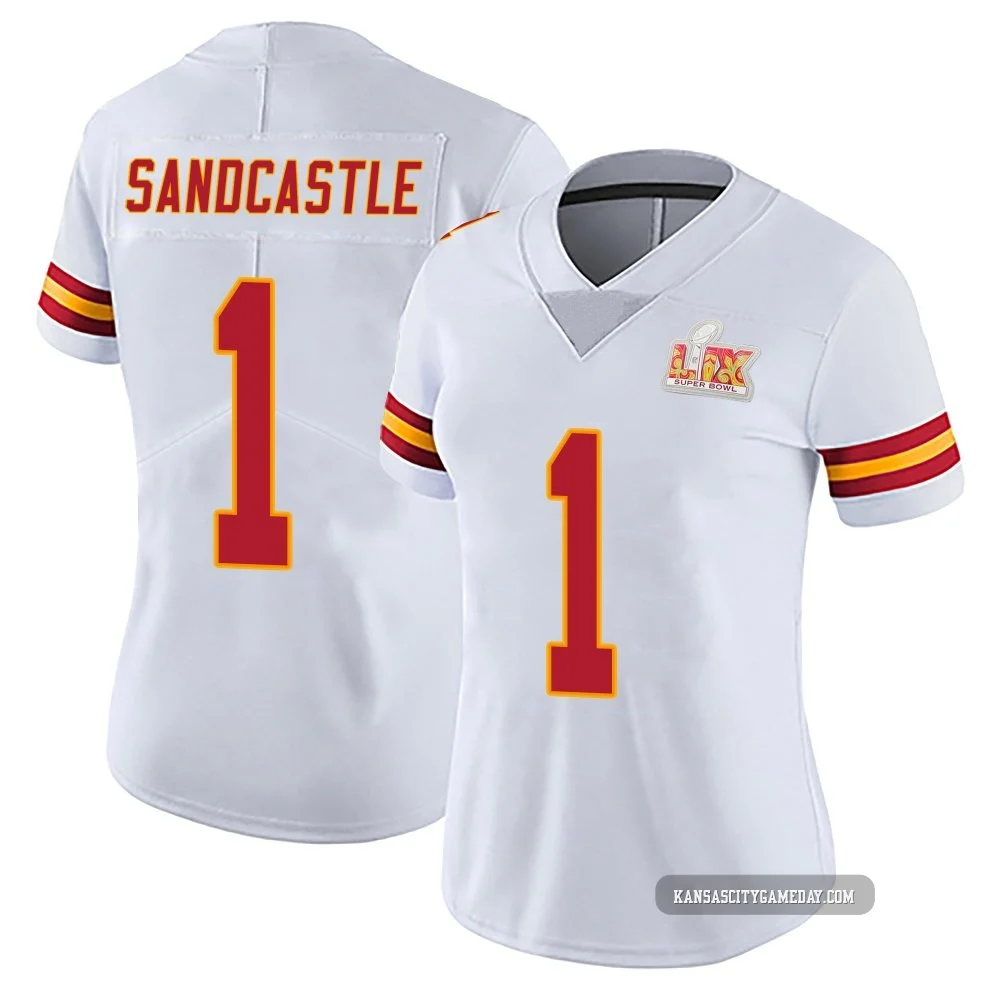 Women's Leon Sandcastle Kansas City Chiefs ＃1 Limited White Vapor Untouchable Super Bowl LIX Jersey