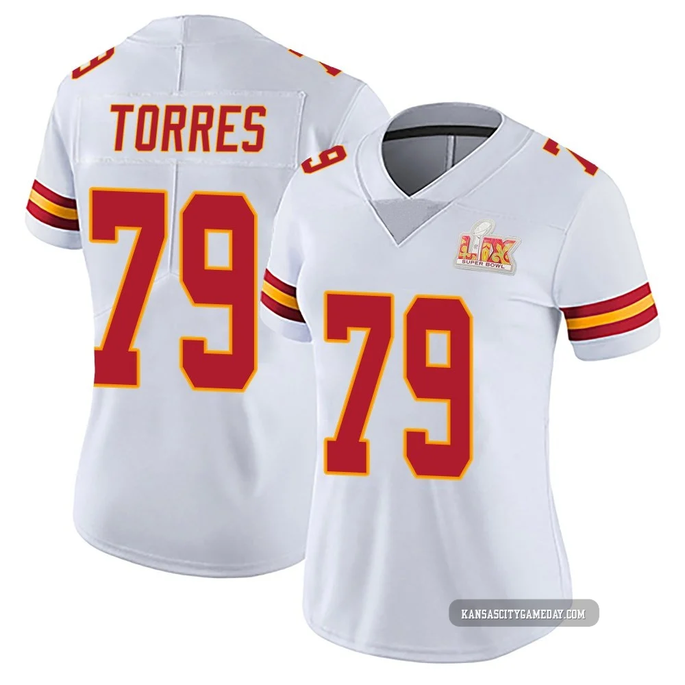 Women's Nick Torres Kansas City Chiefs ＃79 Limited White Vapor Untouchable Super Bowl LIX Jersey