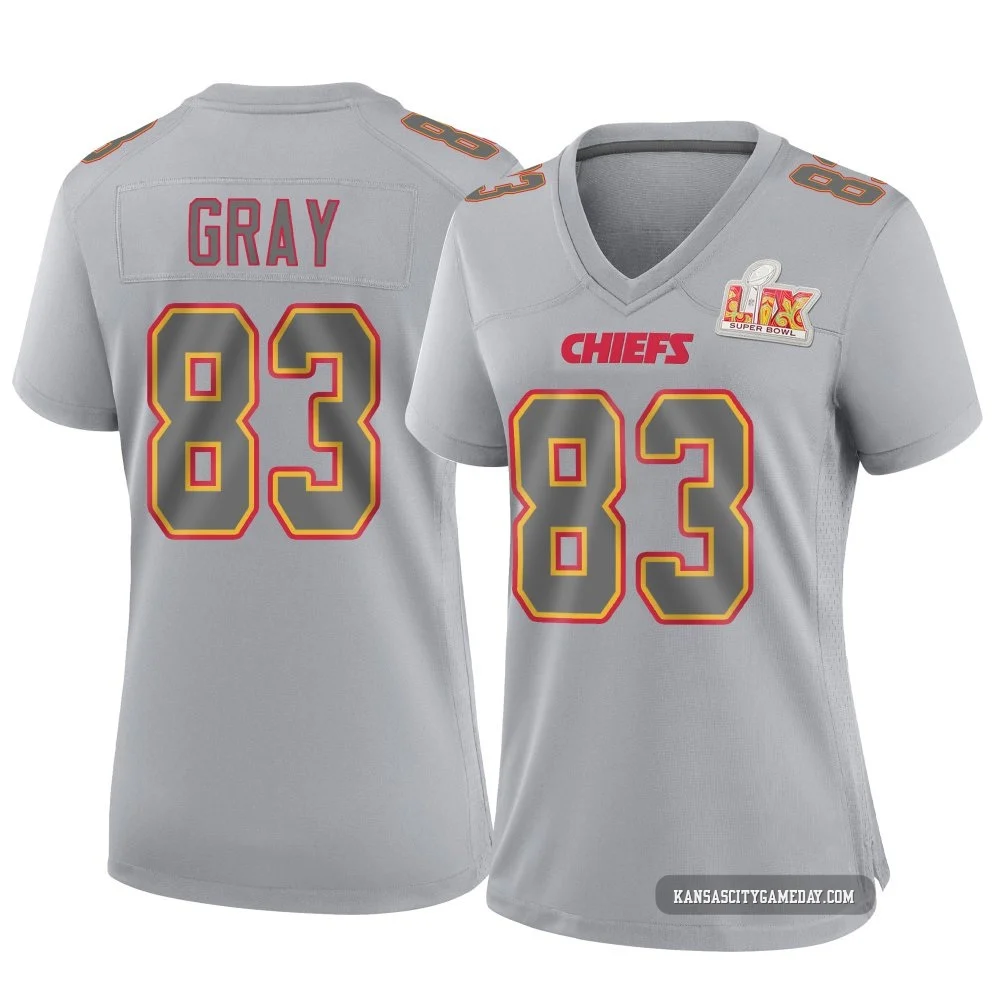 Women's Noah Gray Kansas City Chiefs ＃83 Game Gray Atmosphere Fashion Super Bowl LIX Jersey