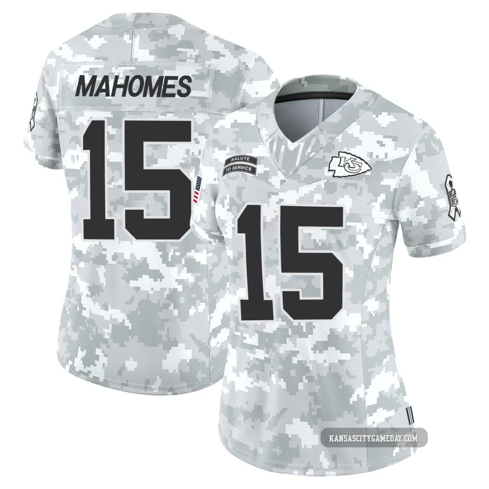 Women's Patrick Mahomes Kansas City Chiefs ＃15 Limited Arctic Camo 2024 Salute to Service Jersey