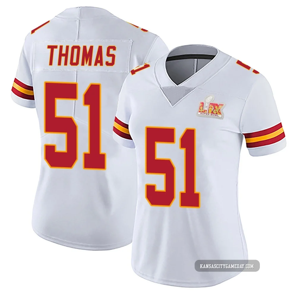 Women's R Mason Thomas Kansas City Chiefs ＃51 Limited White Vapor Untouchable Super Bowl LIX Jersey