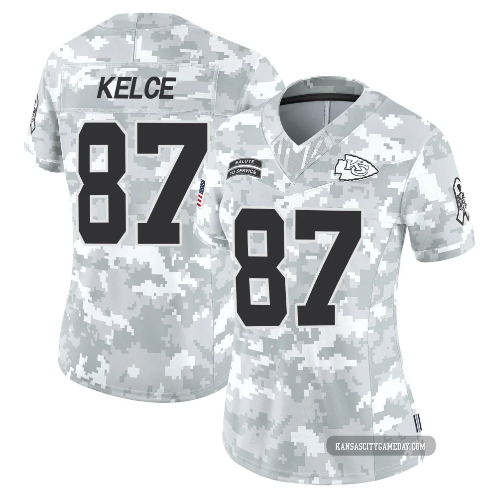 Women's Travis Kelce Kansas City Chiefs ＃87 Limited Arctic Camo 2024 Salute to Service Jersey