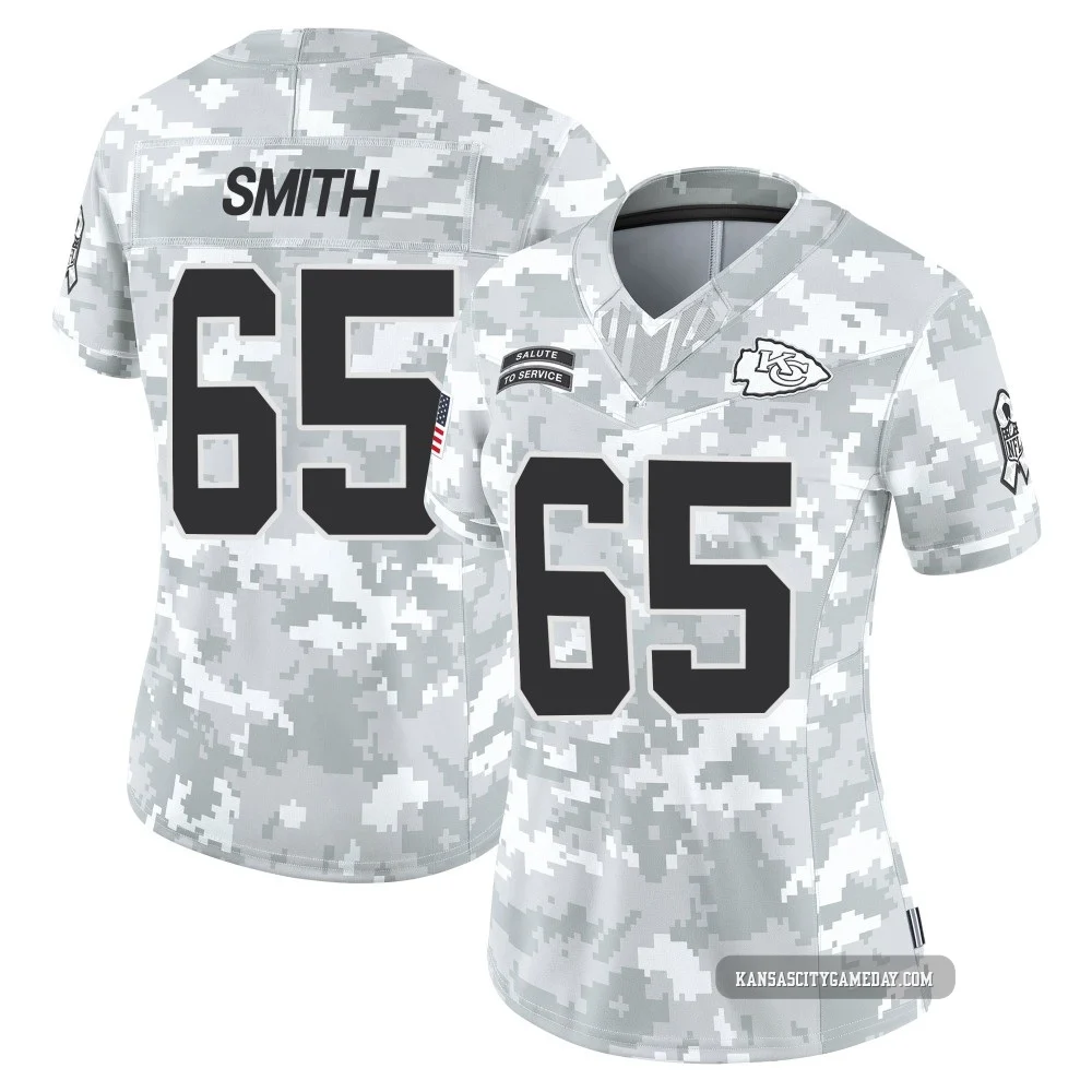 Women's Trey Smith Kansas City Chiefs ＃65 Limited Arctic Camo 2024 Salute to Service Jersey