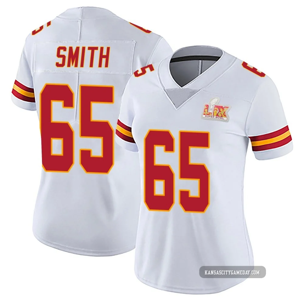 Women's Trey Smith Kansas City Chiefs ＃65 Limited White Vapor Untouchable Super Bowl LIX Jersey