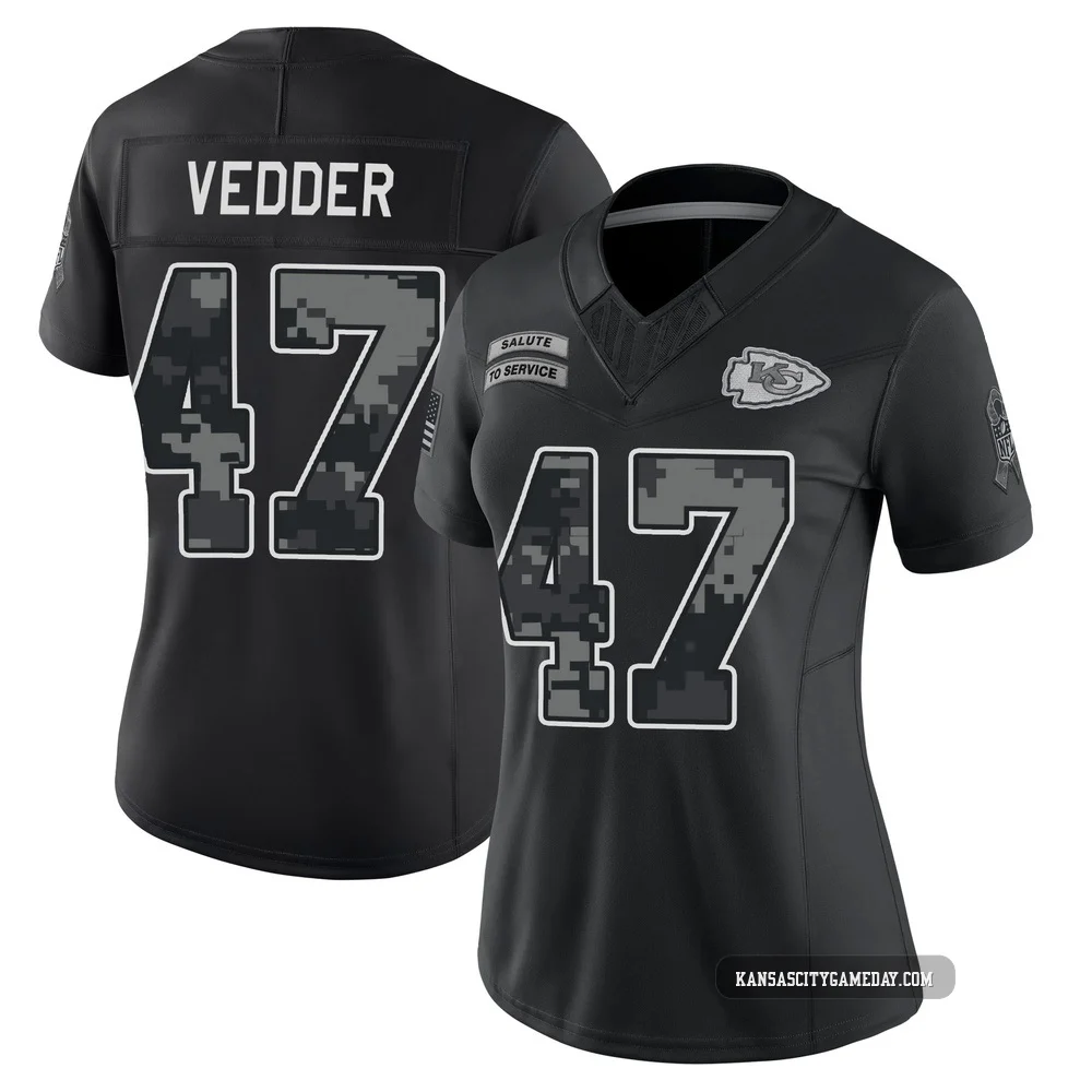 Women's Zelmar Vedder Kansas City Chiefs ＃47 Limited Black 2026 Salute to Service Stitched Jersey