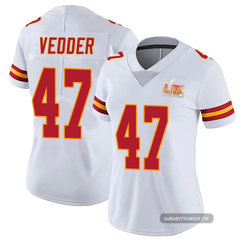 Women's Zelmar Vedder Kansas City Chiefs ＃47 Limited White Vapor Untouchable Super Bowl LIX Jersey