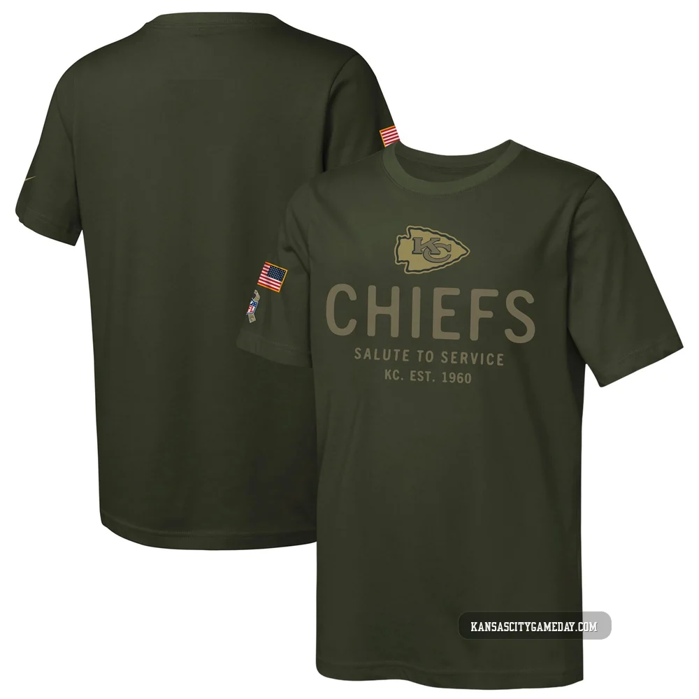 Youth Kansas City Chiefs Olive 2025 Salute to Service Sideline T-Shirt