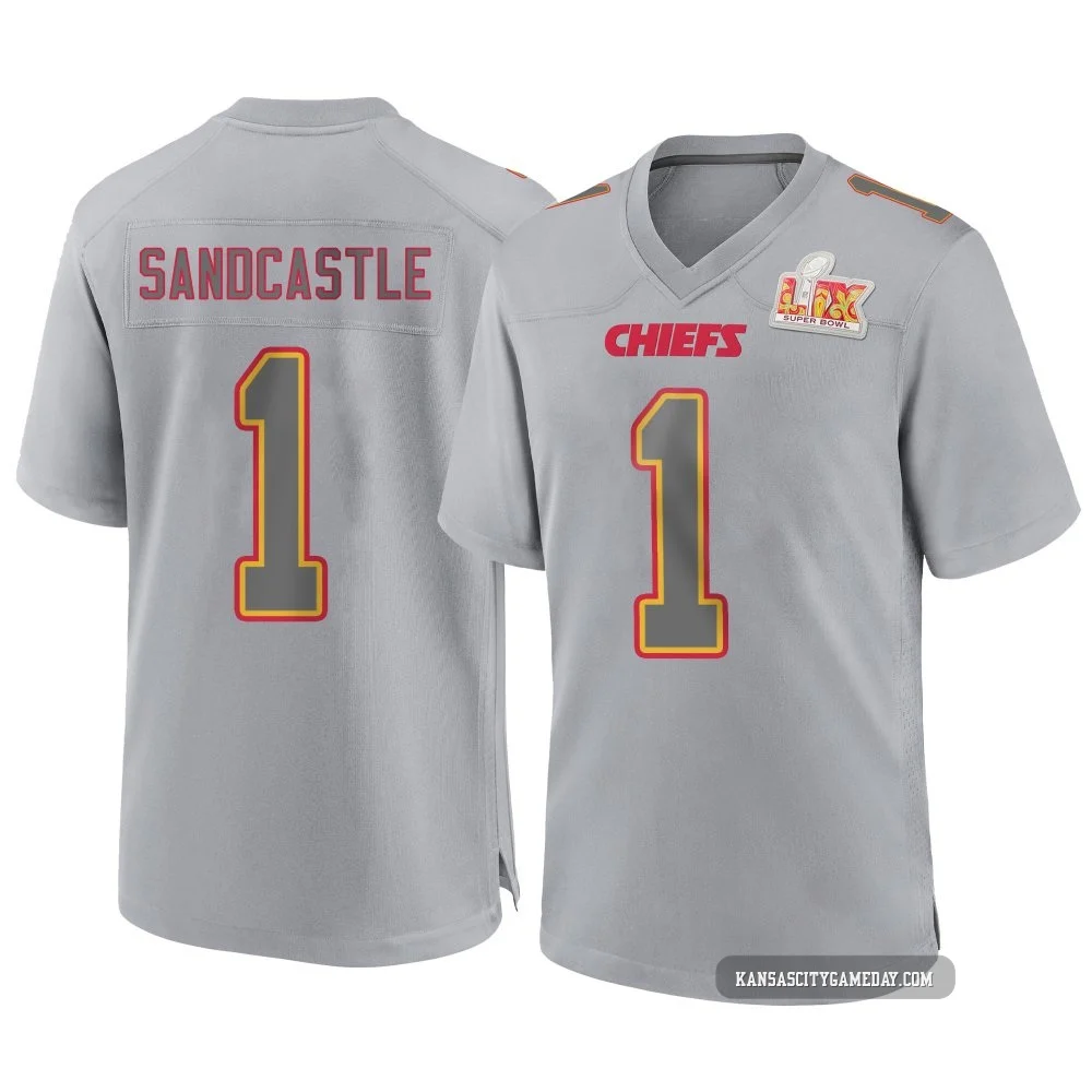 Youth Leon Sandcastle Kansas City Chiefs ＃1 Game Gray Atmosphere Fashion Super Bowl LIX Jersey
