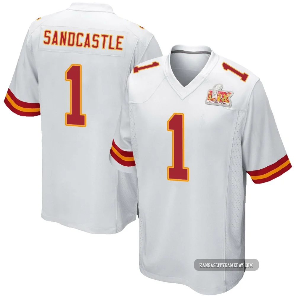 Youth Leon Sandcastle Kansas City Chiefs ＃1 Game White Super Bowl LIX Jersey