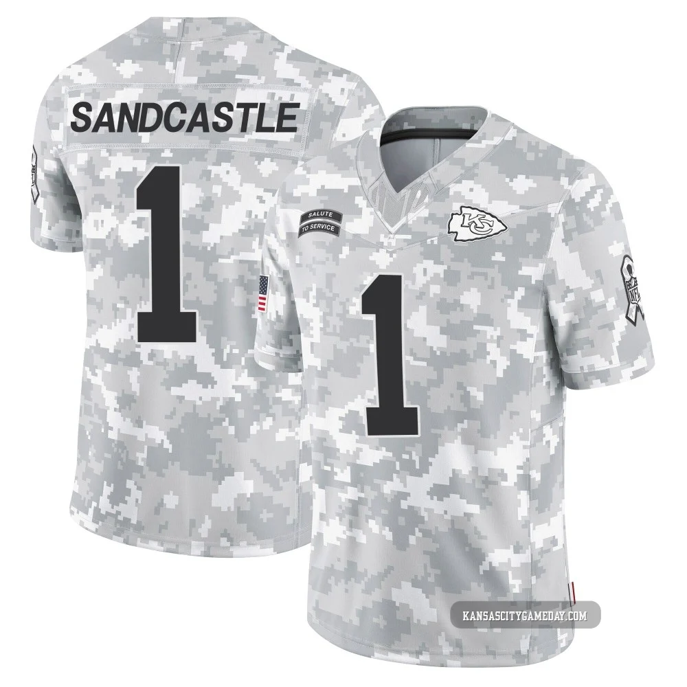 Youth Leon Sandcastle Kansas City Chiefs ＃1 Limited Arctic Camo 2024 Salute to Service Jersey