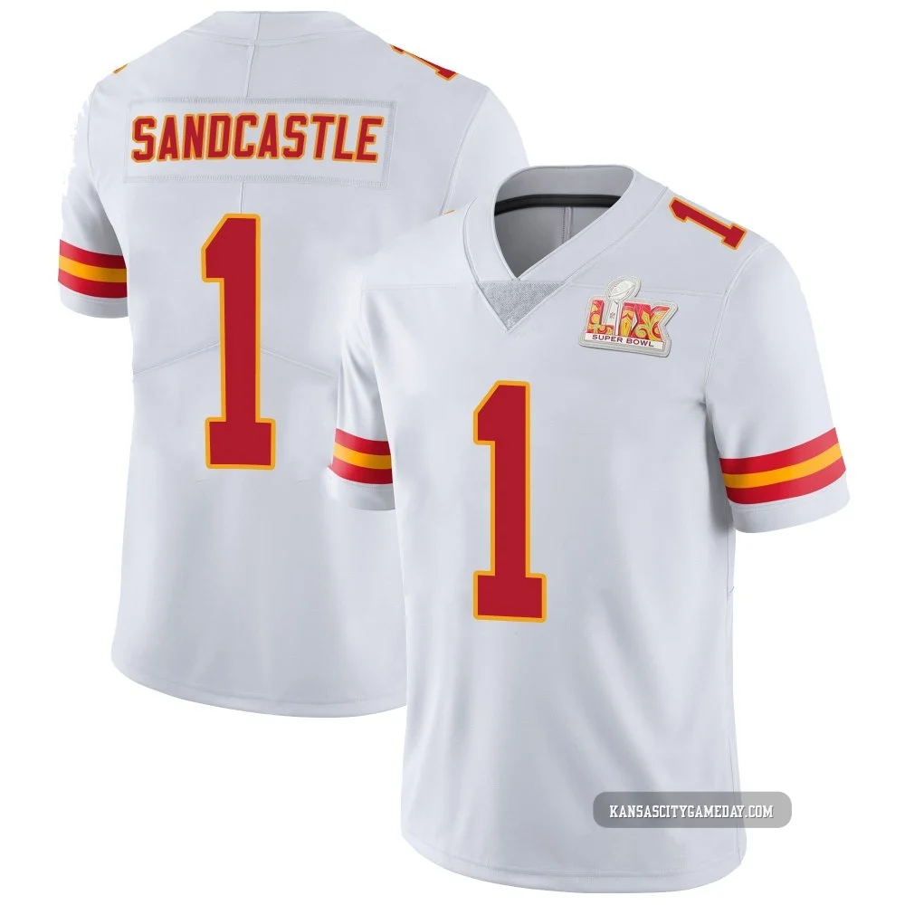 Youth Leon Sandcastle Kansas City Chiefs ＃1 Limited White Vapor Untouchable Super Bowl LIX Jersey