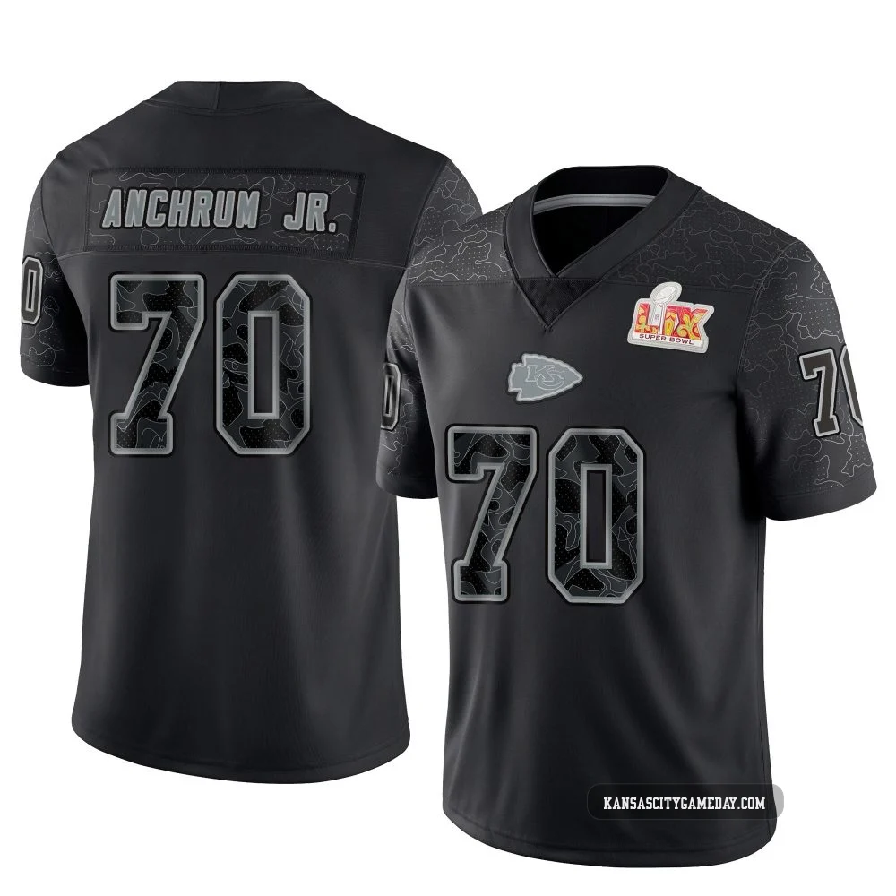 Youth Tremayne Anchrum Jr. Kansas City Chiefs ＃70 Limited Black Reflective Super Bowl LIX Jersey
