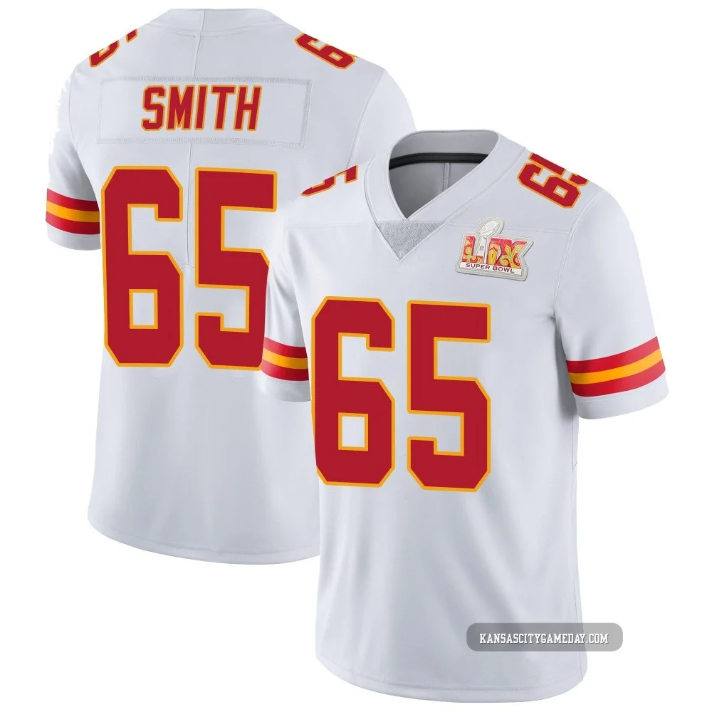 Youth Trey Smith Kansas City Chiefs ＃65 Limited White Vapor Untouchable Super Bowl LIX Jersey